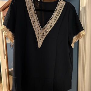 Elegant Navy V-Neck Top with Lace Trim